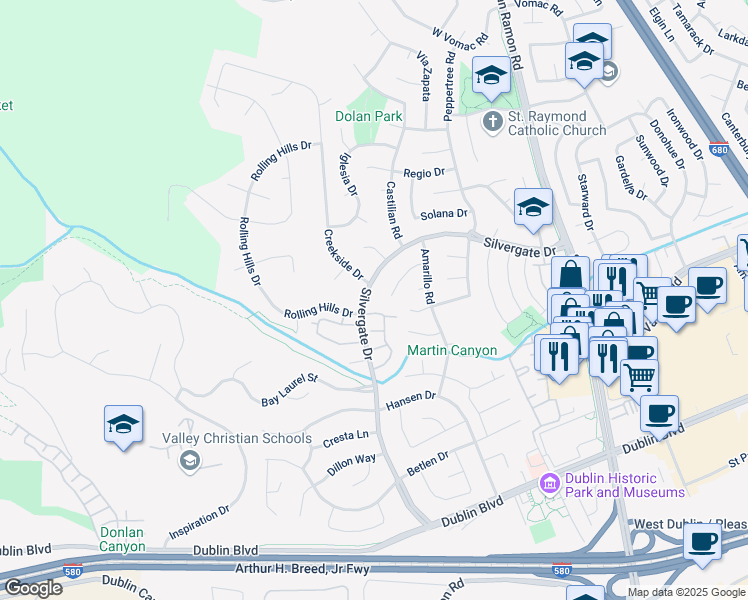 map of restaurants, bars, coffee shops, grocery stores, and more near 11553 Silvergate Drive in Dublin