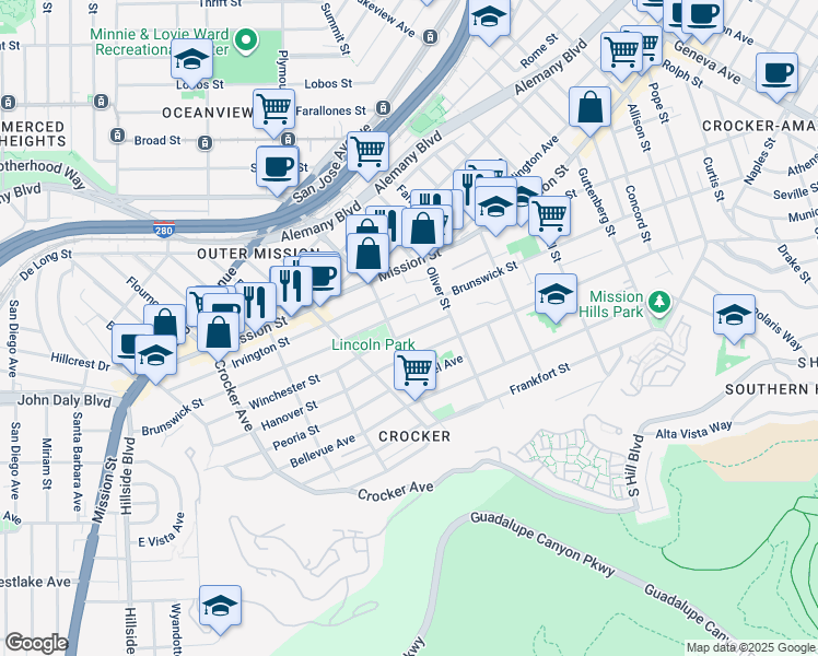 map of restaurants, bars, coffee shops, grocery stores, and more near 174 Winchester Street in Daly City