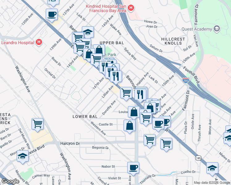 map of restaurants, bars, coffee shops, grocery stores, and more near 14850 Donna Street in San Leandro
