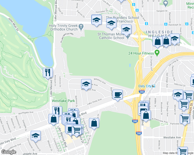 map of restaurants, bars, coffee shops, grocery stores, and more near 164 Wilshire Avenue in Daly City
