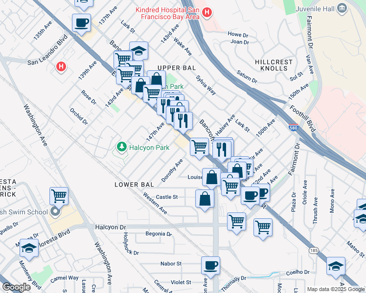 map of restaurants, bars, coffee shops, grocery stores, and more near 14850 Donna Street in San Leandro
