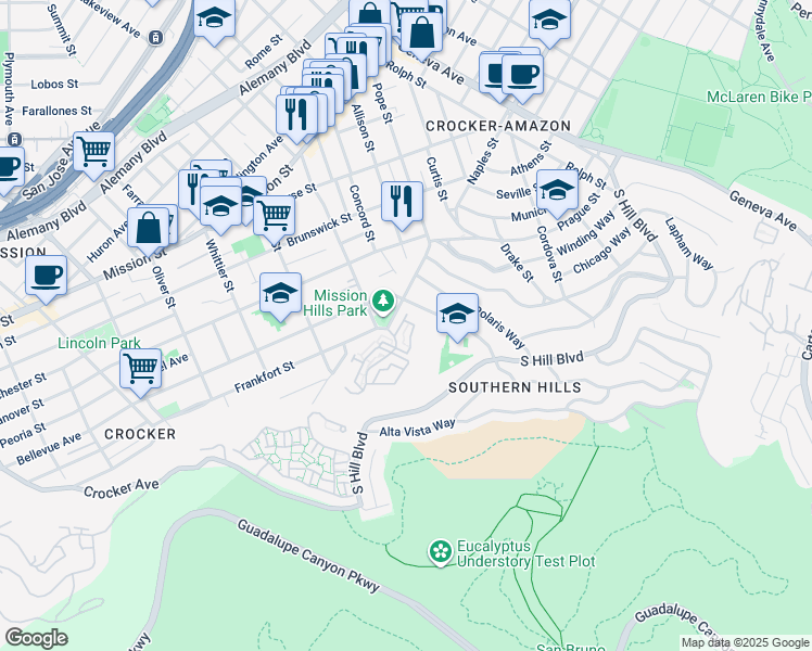 map of restaurants, bars, coffee shops, grocery stores, and more near 1003 San Antonio Circle in Daly City