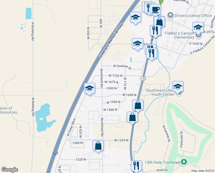map of restaurants, bars, coffee shops, grocery stores, and more near 313 Bramblewood Drive in Cedar City