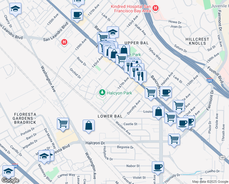 map of restaurants, bars, coffee shops, grocery stores, and more near 1267 148th Avenue in San Leandro