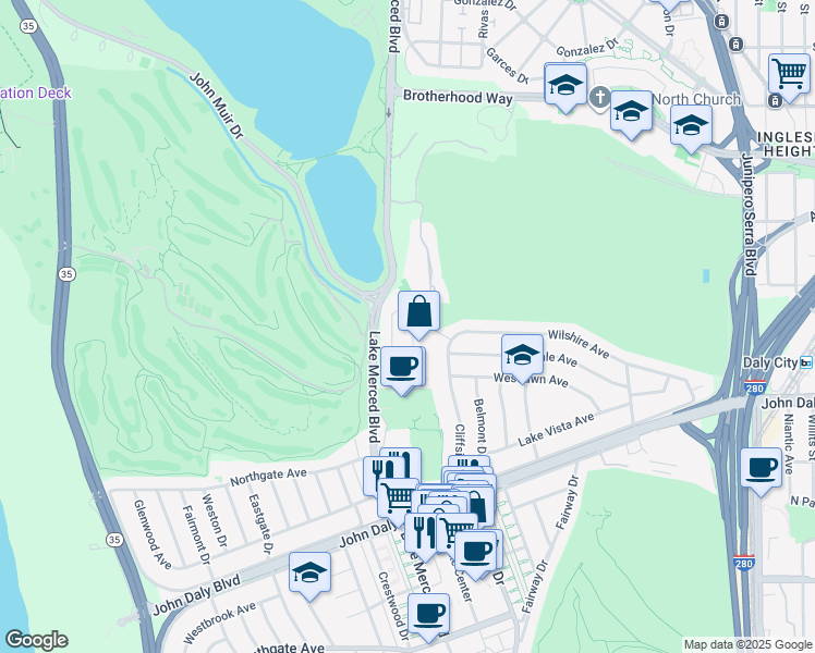 map of restaurants, bars, coffee shops, grocery stores, and more near 68 Lakeview Drive in Daly City