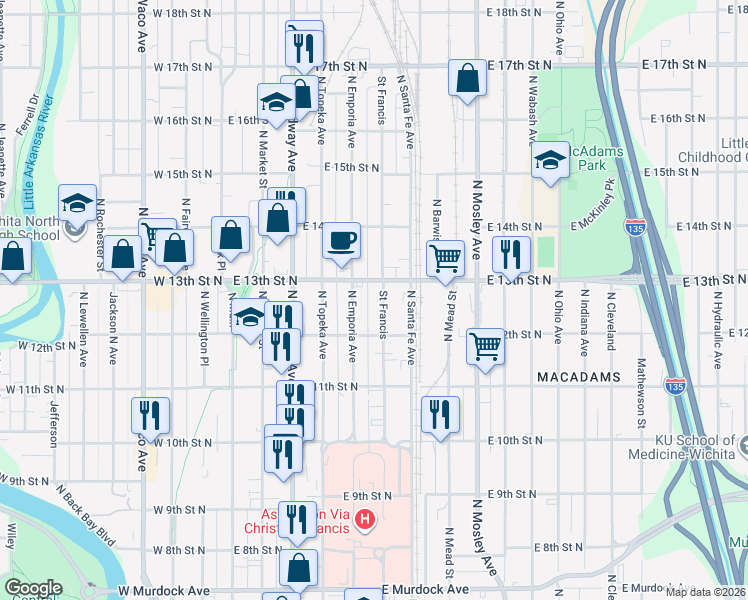 map of restaurants, bars, coffee shops, grocery stores, and more near 1327 Saint Francis in Wichita