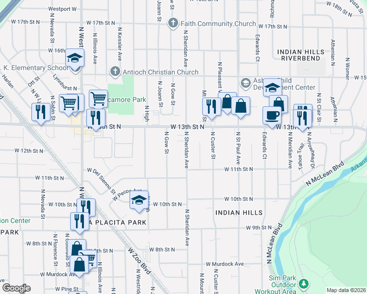 map of restaurants, bars, coffee shops, grocery stores, and more near 1312 North Gow Street in Wichita