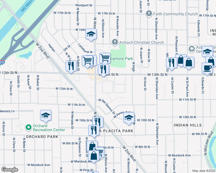 map of restaurants, bars, coffee shops, grocery stores, and more near 3801 West 13th Street North in Wichita