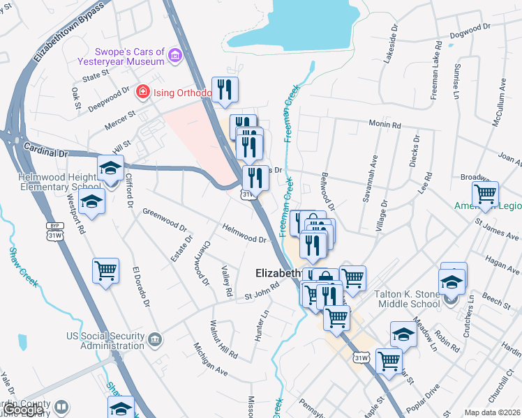 map of restaurants, bars, coffee shops, grocery stores, and more near 784 North Dixie Highway in Elizabethtown