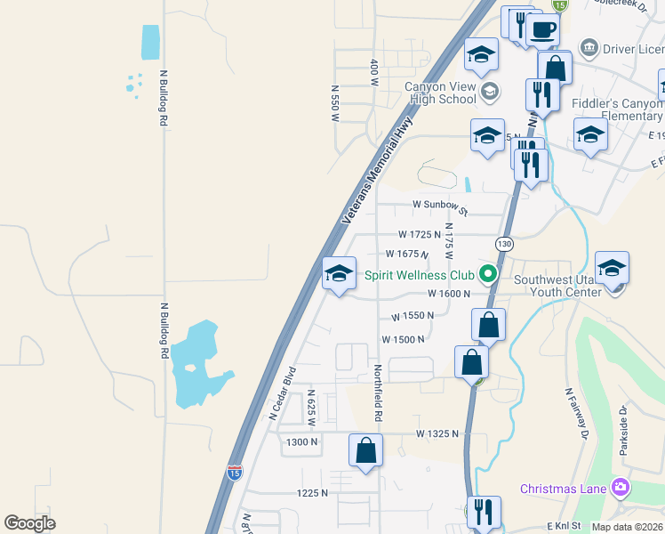 map of restaurants, bars, coffee shops, grocery stores, and more near 1653 North Cedar Boulevard in Cedar City