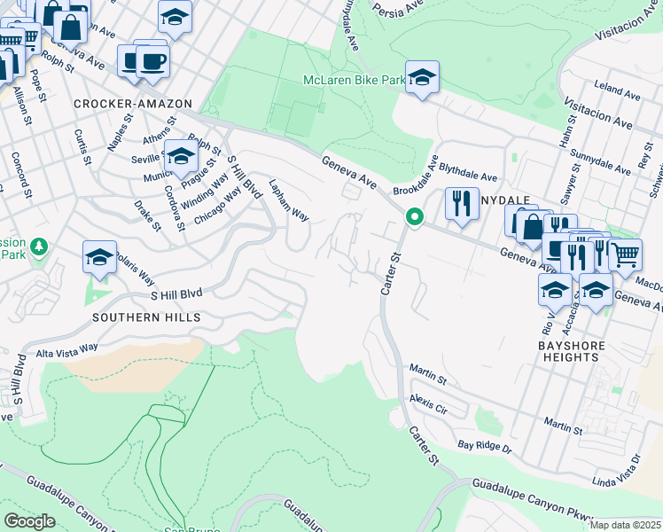 map of restaurants, bars, coffee shops, grocery stores, and more near 303 Oak Court in Daly City
