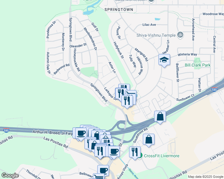 map of restaurants, bars, coffee shops, grocery stores, and more near 4829 Primrose Lane in Livermore