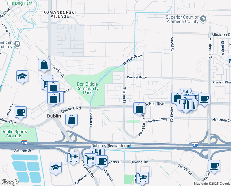 map of restaurants, bars, coffee shops, grocery stores, and more near Huntley Avenue in Dublin