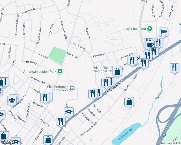 map of restaurants, bars, coffee shops, grocery stores, and more near 801 Mohave Ct in Elizabethtown