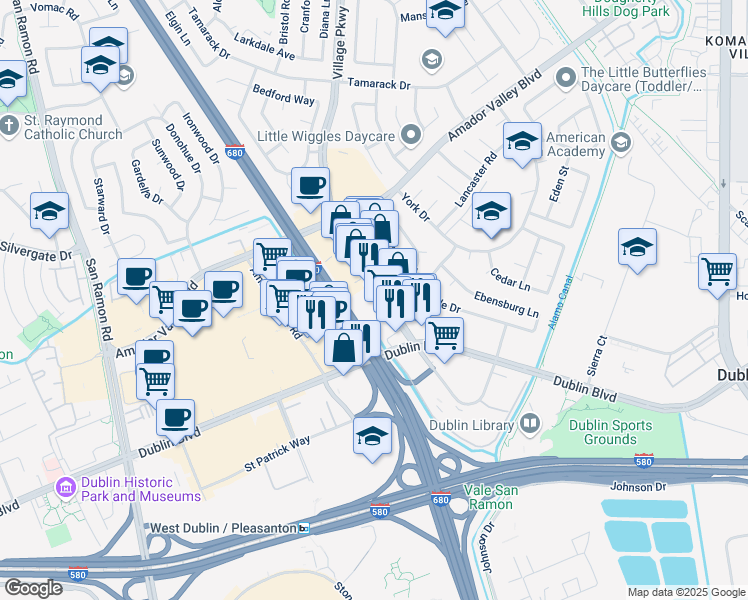 map of restaurants, bars, coffee shops, grocery stores, and more near 6950 Village Parkway in Dublin