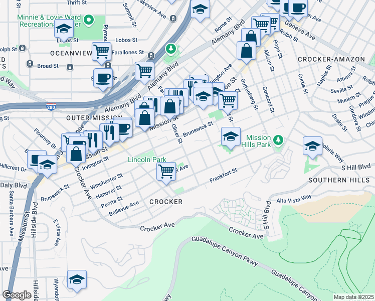 map of restaurants, bars, coffee shops, grocery stores, and more near 181 Oliver Street in Daly City