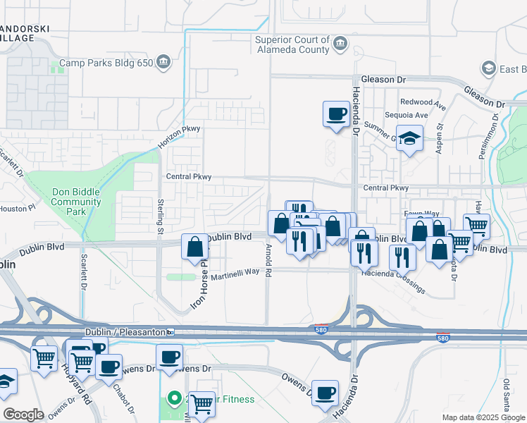 map of restaurants, bars, coffee shops, grocery stores, and more near 5422 Arnold Road in Dublin