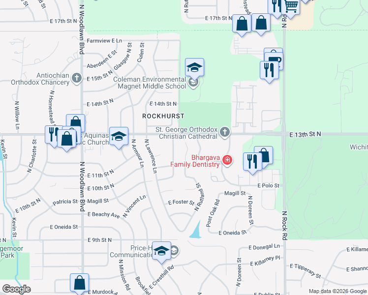 map of restaurants, bars, coffee shops, grocery stores, and more near 1202 Gretchen Street in Wichita