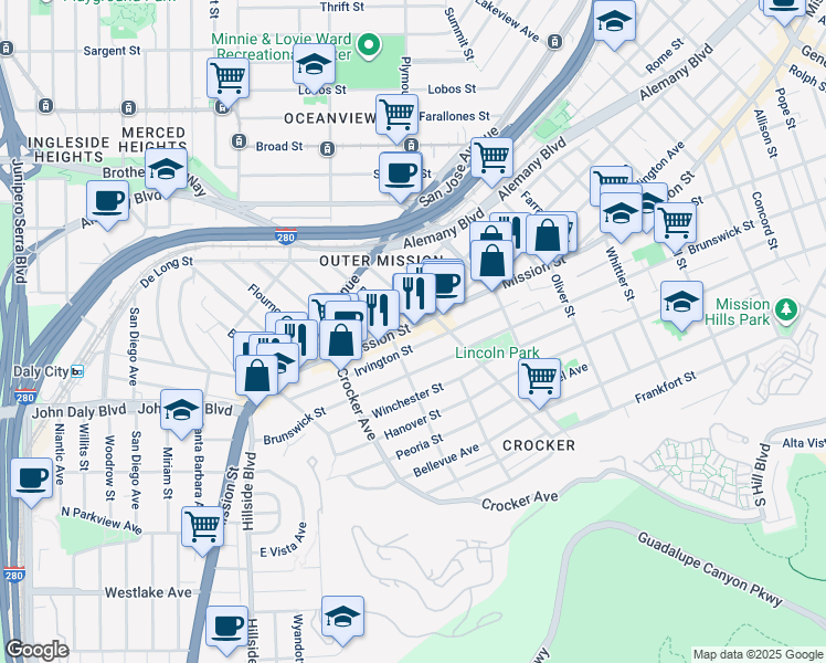 map of restaurants, bars, coffee shops, grocery stores, and more near 263 Irvington Street in Daly City