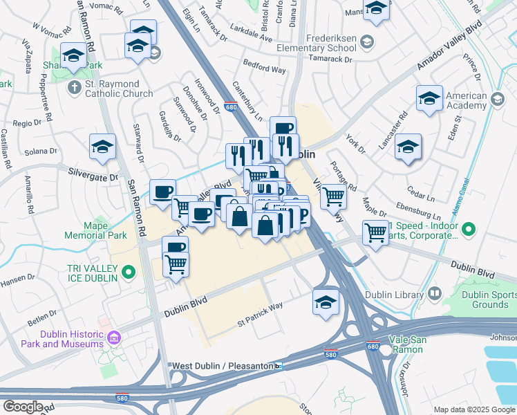 map of restaurants, bars, coffee shops, grocery stores, and more near 7200 Amador Plaza Road in Dublin