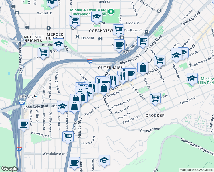 map of restaurants, bars, coffee shops, grocery stores, and more near 6100 Mission Street in Daly City