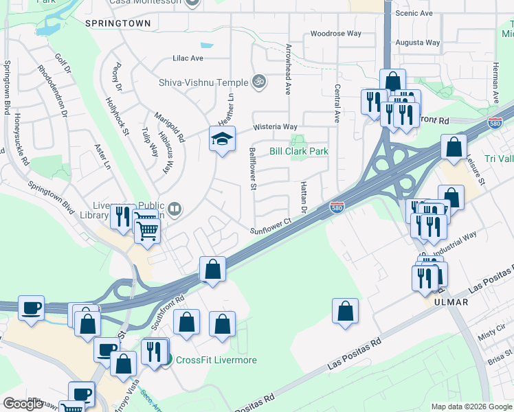 map of restaurants, bars, coffee shops, grocery stores, and more near 5301 Windflower Drive in Livermore