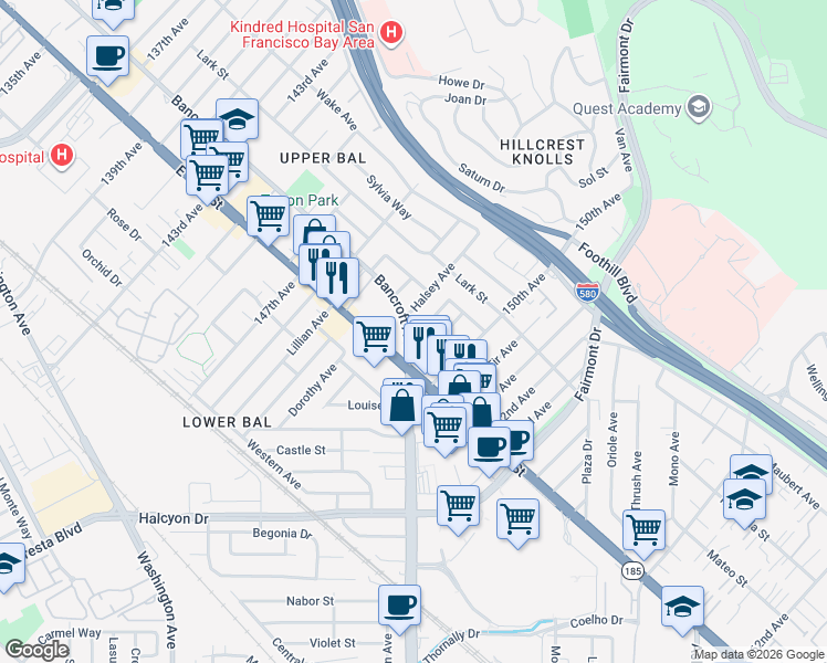 map of restaurants, bars, coffee shops, grocery stores, and more near 1505 Peters Street in San Leandro