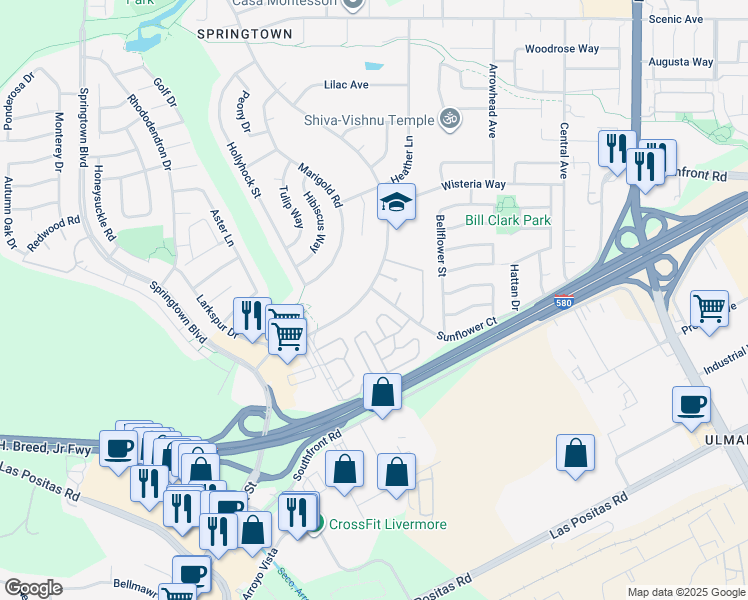 map of restaurants, bars, coffee shops, grocery stores, and more near 842 Sungold Circle in Livermore