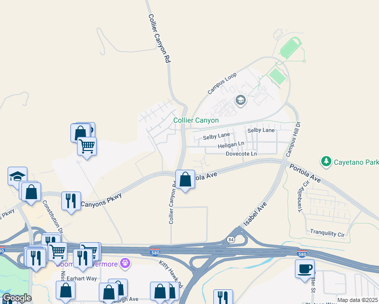 map of restaurants, bars, coffee shops, grocery stores, and more near 25 Heligan Lane in Livermore