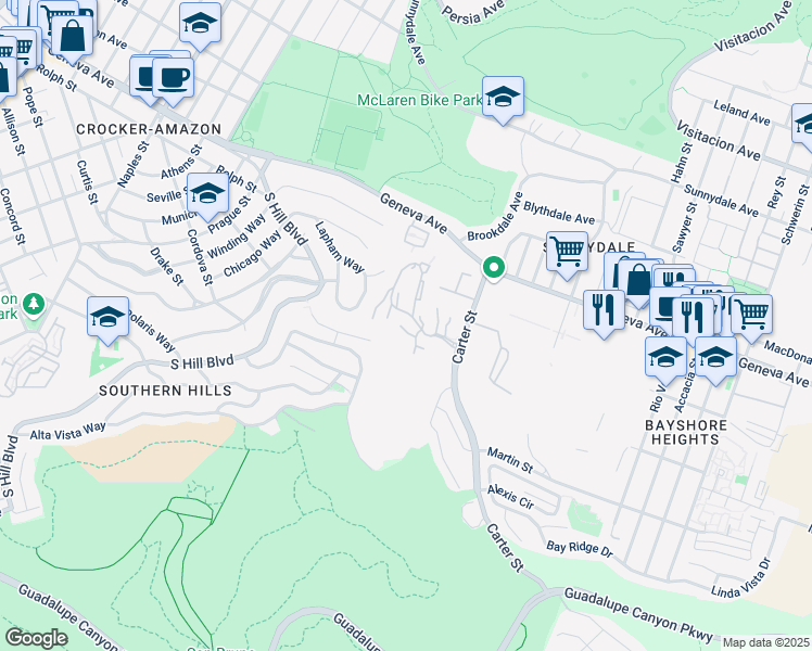map of restaurants, bars, coffee shops, grocery stores, and more near 303 Oak Court in Daly City