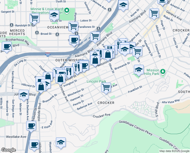 map of restaurants, bars, coffee shops, grocery stores, and more near 901 Brunswick Street in Daly City