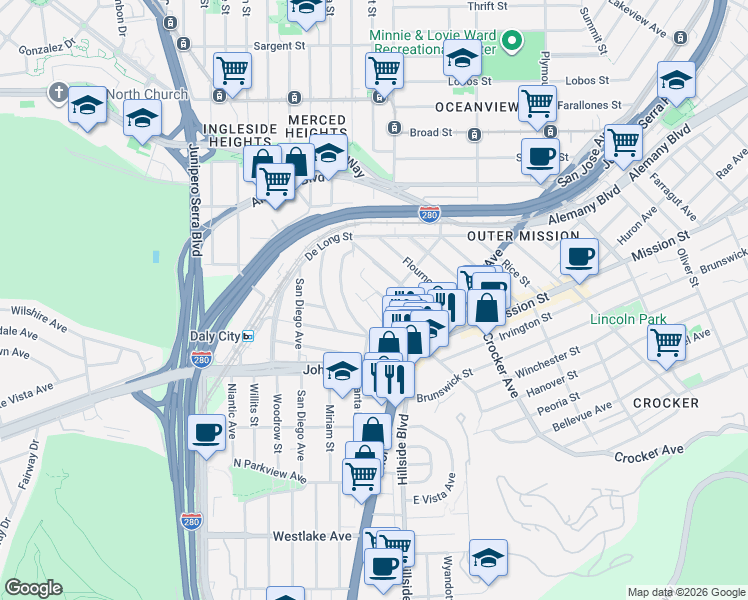 map of restaurants, bars, coffee shops, grocery stores, and more near 44 Vendome Avenue in Daly City