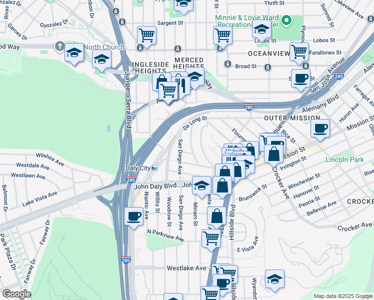 map of restaurants, bars, coffee shops, grocery stores, and more near 27 Guadalupe Avenue in Daly City