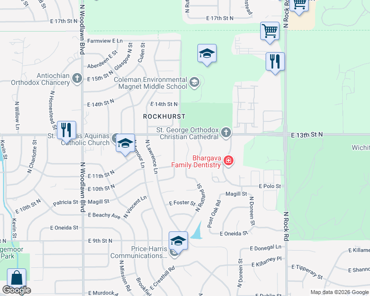 map of restaurants, bars, coffee shops, grocery stores, and more near 1202 Gretchen Street in Wichita