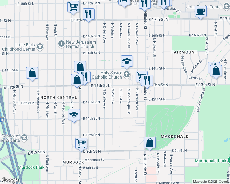 map of restaurants, bars, coffee shops, grocery stores, and more near 1322 North Volutsia Street in Wichita