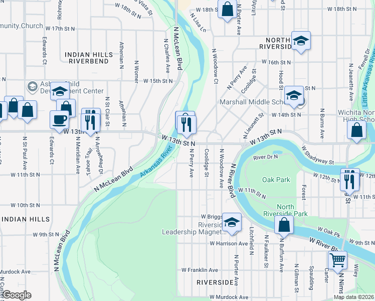 map of restaurants, bars, coffee shops, grocery stores, and more near 1305 Perry Street in Wichita