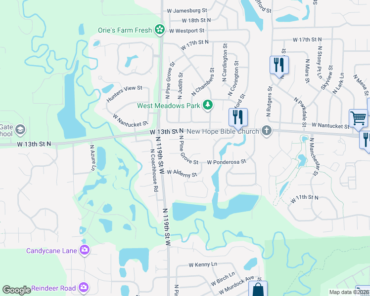 map of restaurants, bars, coffee shops, grocery stores, and more near 1278 North Pine Grove Court in Wichita