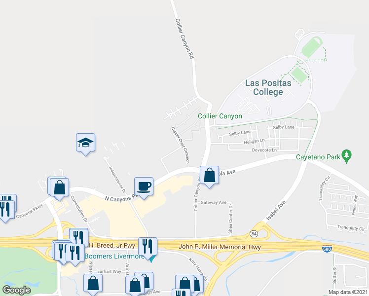 map of restaurants, bars, coffee shops, grocery stores, and more near Copper Crest Common in Livermore