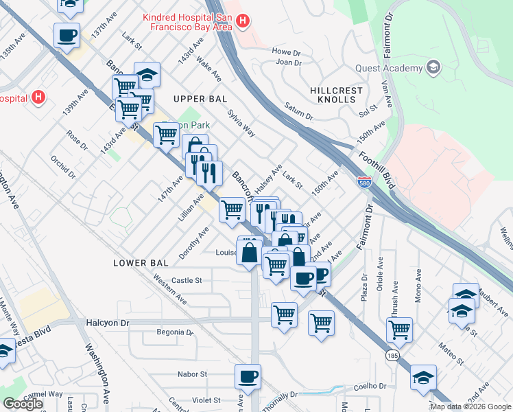 map of restaurants, bars, coffee shops, grocery stores, and more near 1505 Peters Street in San Leandro