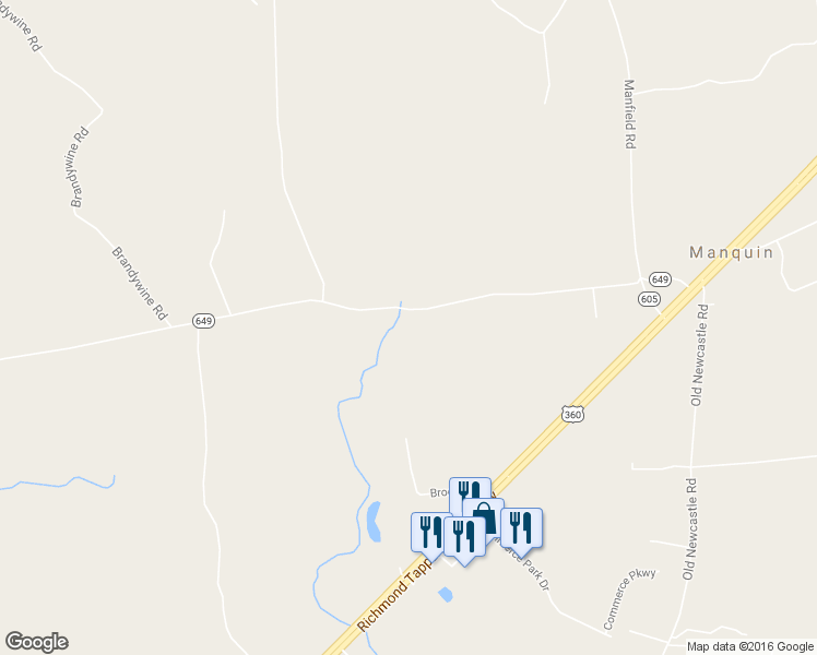 map of restaurants, bars, coffee shops, grocery stores, and more near 529 Brandywine Road in Manquin