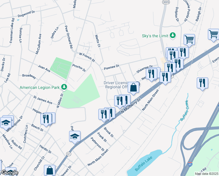 map of restaurants, bars, coffee shops, grocery stores, and more near 223 West French Street in Elizabethtown