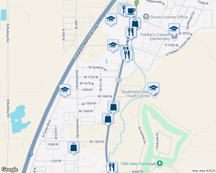 map of restaurants, bars, coffee shops, grocery stores, and more near 1677 North Main Street in Cedar City
