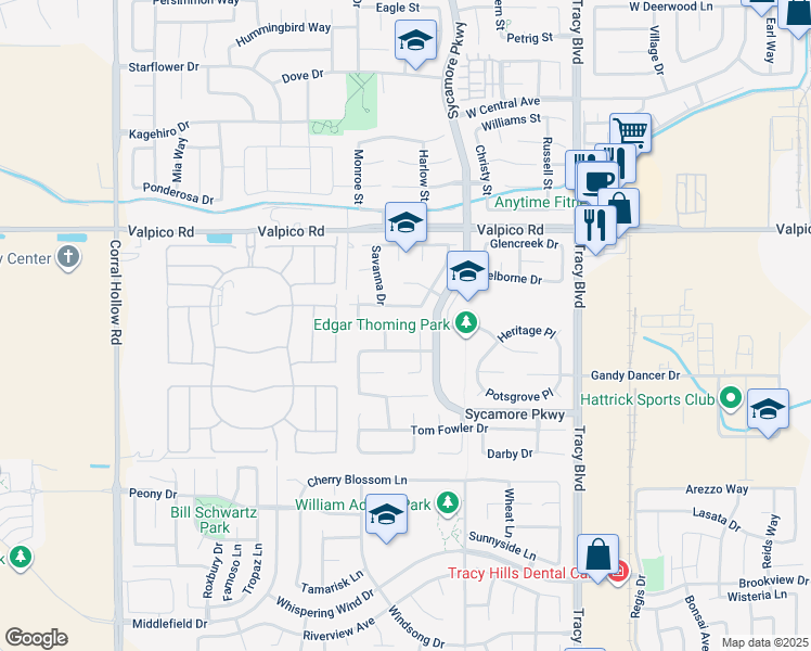 map of restaurants, bars, coffee shops, grocery stores, and more near 1311 Hoboken Drive in Tracy
