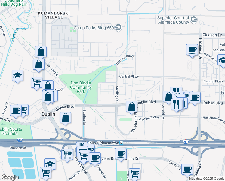 map of restaurants, bars, coffee shops, grocery stores, and more near 5761 Huntley Avenue in Dublin