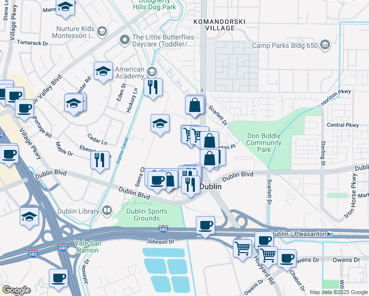 map of restaurants, bars, coffee shops, grocery stores, and more near 6549 Sierra Ln in Dublin