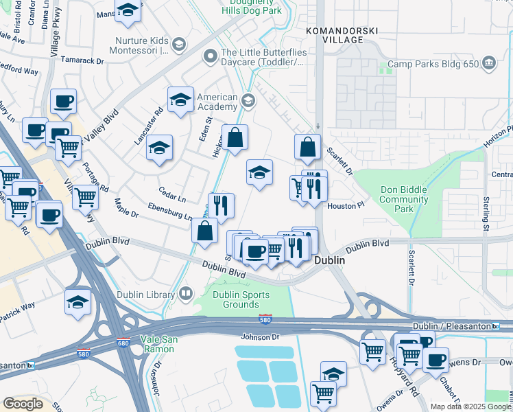 map of restaurants, bars, coffee shops, grocery stores, and more near 6711 Sierra Court in Dublin