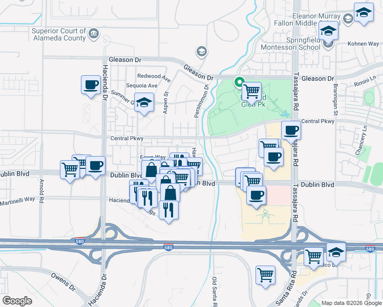 map of restaurants, bars, coffee shops, grocery stores, and more near 4651 Pheasant Court in Dublin