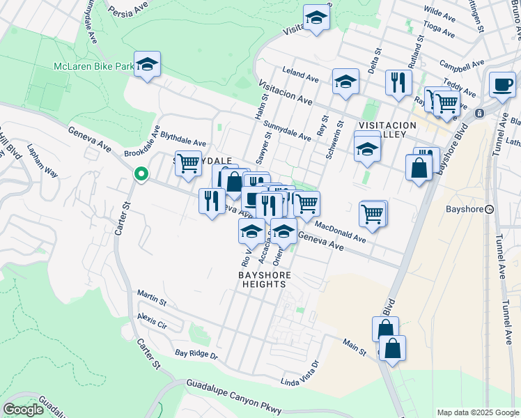 map of restaurants, bars, coffee shops, grocery stores, and more near 2650 Geneva Avenue in Daly City