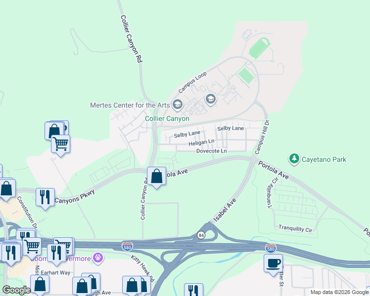 map of restaurants, bars, coffee shops, grocery stores, and more near 13 Dovecote Lane in Livermore