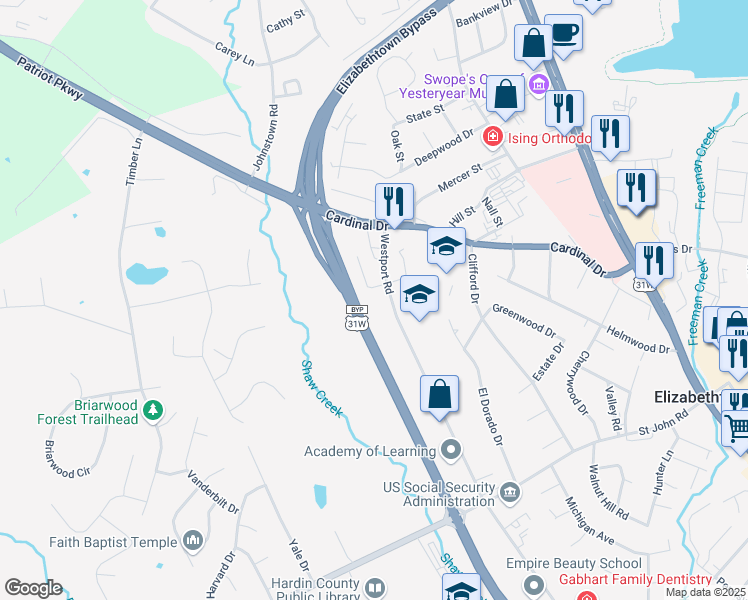 map of restaurants, bars, coffee shops, grocery stores, and more near 658 Westport Road in Elizabethtown